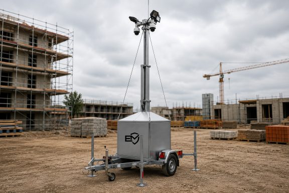 Mobil-Turm mit Kameras auf einer Baustelle, umgeben von Baustellenmaterial und Kränen.